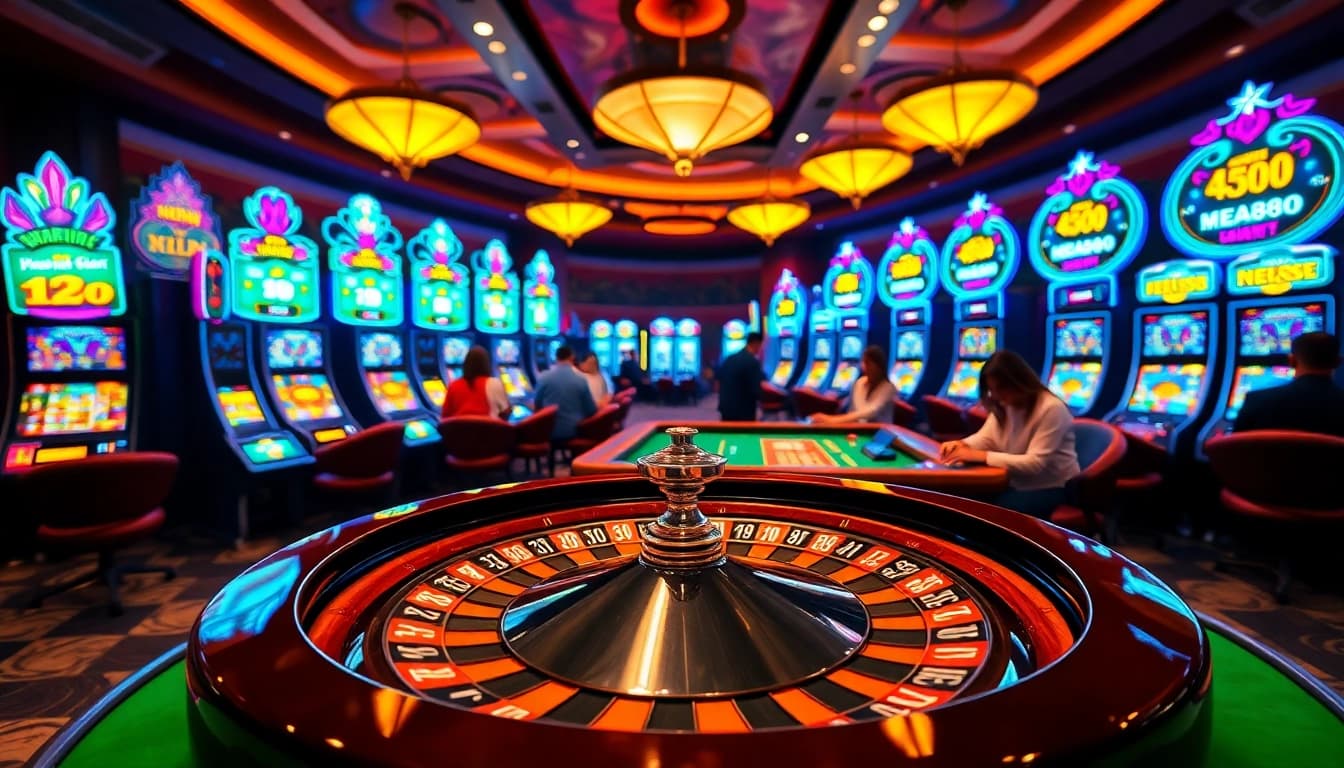 Mega888 players enjoying a vibrant casino experience with slot machines and a roulette wheel.