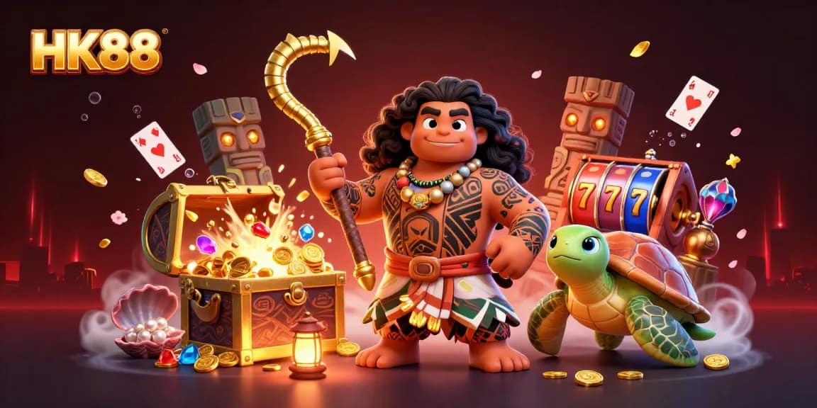 HK88 gaming illustration featuring vibrant characters enjoying casino elements like slot reels and treasure