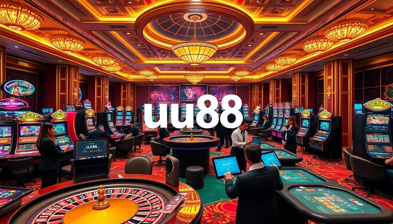 Experience the thrill of uu88 in this vibrant casino scene with roulette, slots, and poker tables.