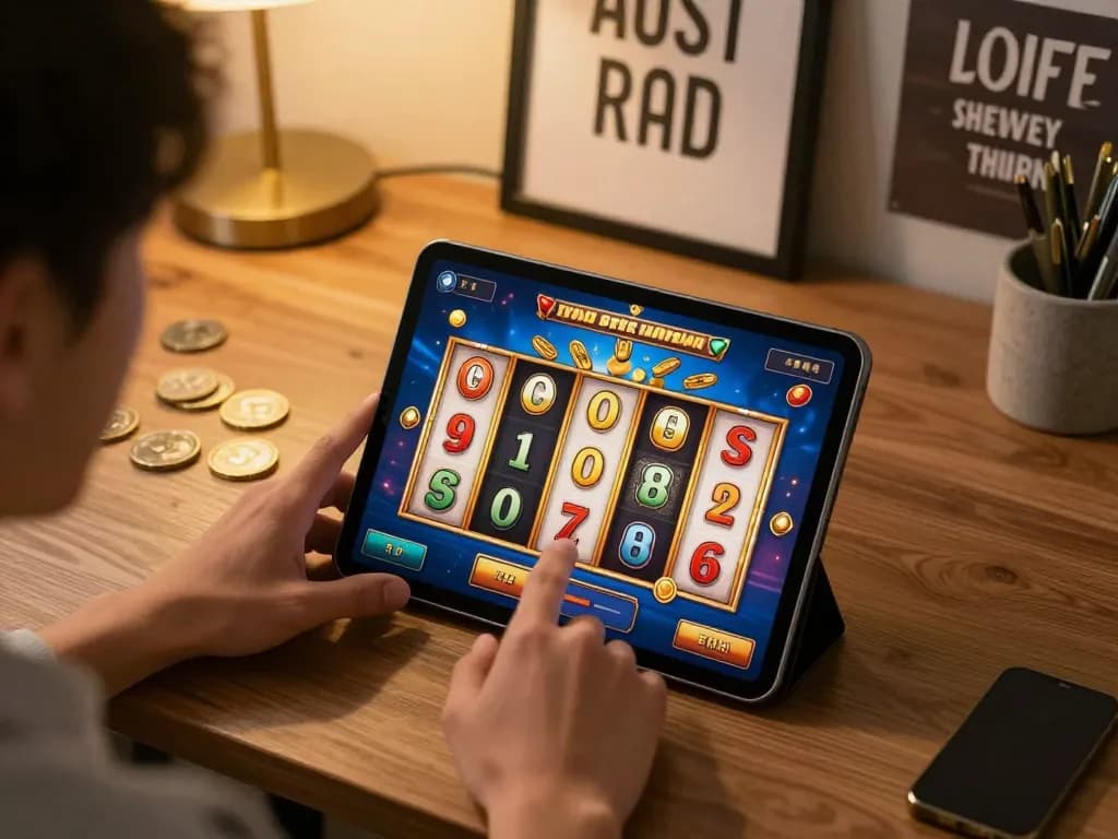 Engaging in slot toto gameplay on tablet, celebrating wins in a cozy home setting.