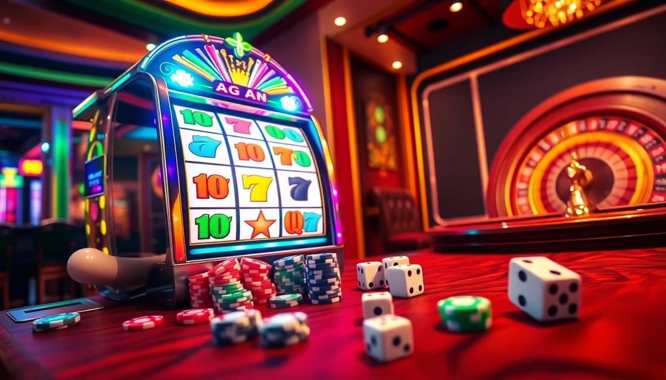 Seorang pemain menikmati permainan slot apk di mesin slot yang cerah dengan lampu warna-warni di lingkungan kasino mewah.