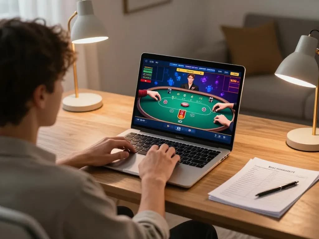 Play online poker at w4u with a live dealer on premium gaming setup in cozy home office.