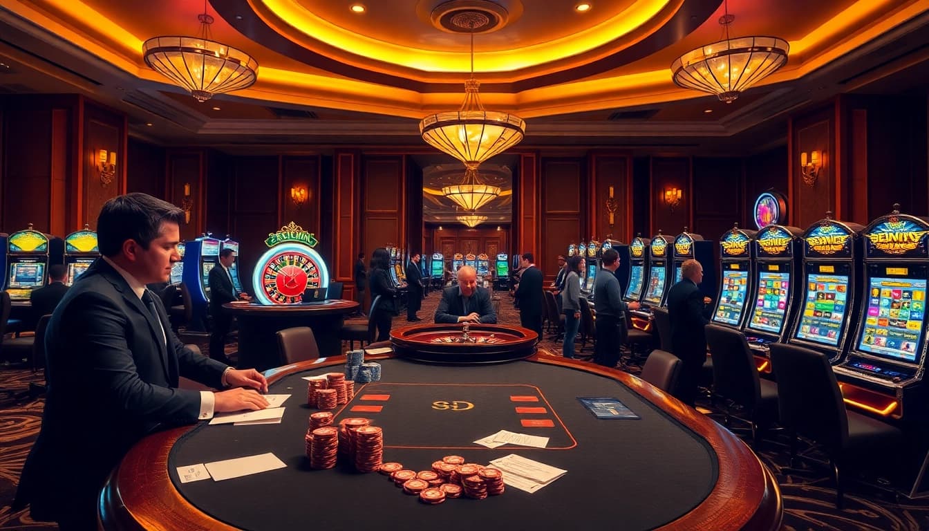 Players enjoying an exciting night at the 68win casino with roulette and poker tables.