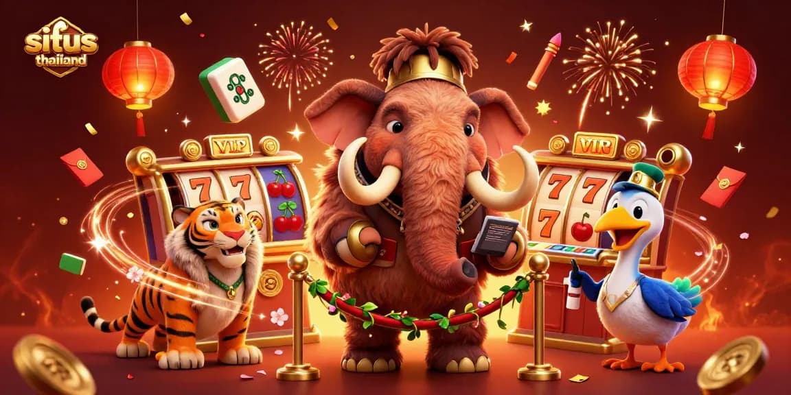 Experience situs thailand with vibrant 3D characters celebrating wins near spinning slot reels amidst dazzling effects.