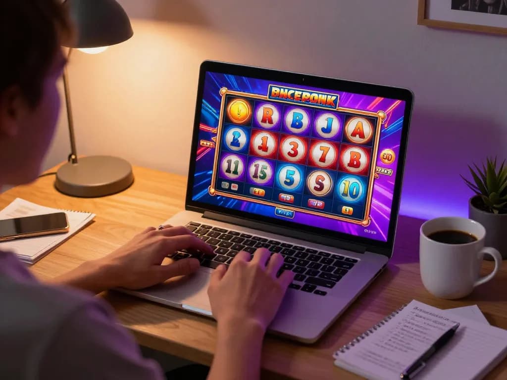 Engaging online pokies Australia session with spinning reels on laptop, warm home ambiance