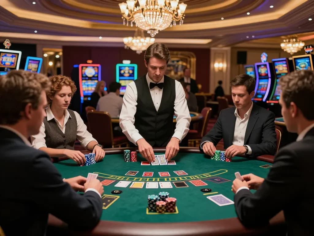 Players strategizing at the blackjack table in BCX88's elegant casino environment.