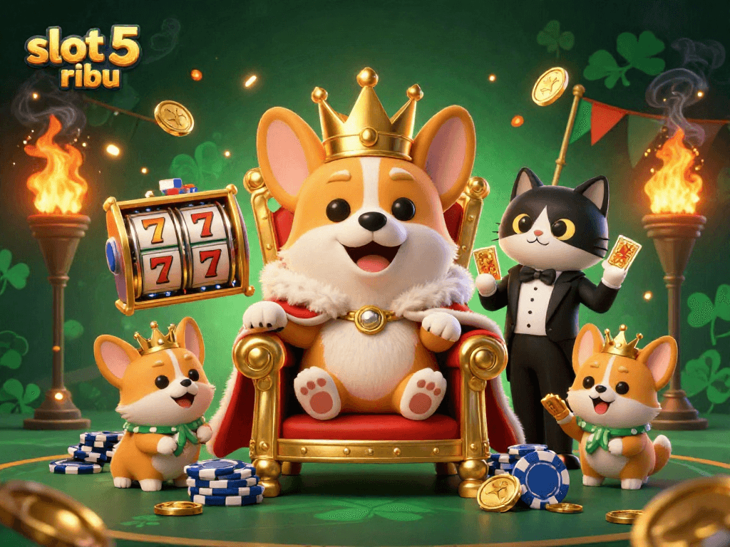 Engage with slot 5 ribu in a colorful 3D gambling scene featuring a royal corgi and a cat butler.