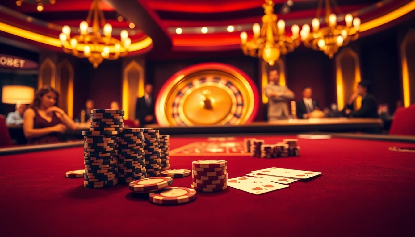 Experience the thrill of OXBET in a luxurious casino setting with poker tables and roulette wheels.