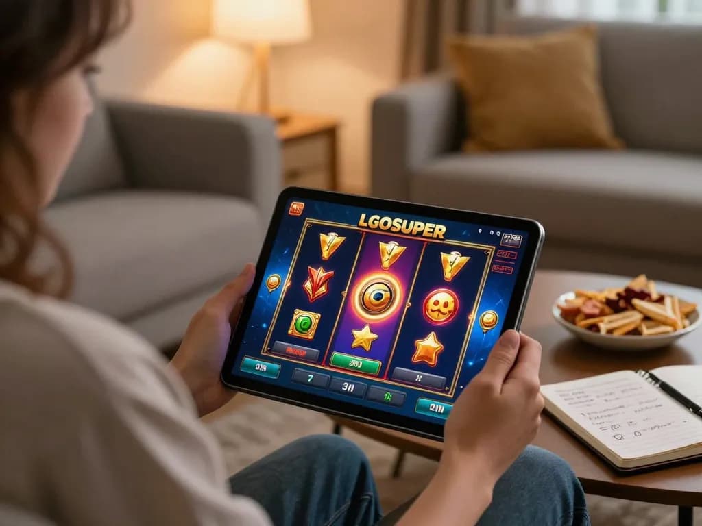 Player enjoying LGOSUPER online slot gaming on a tablet in a cozy home setting with snacks.