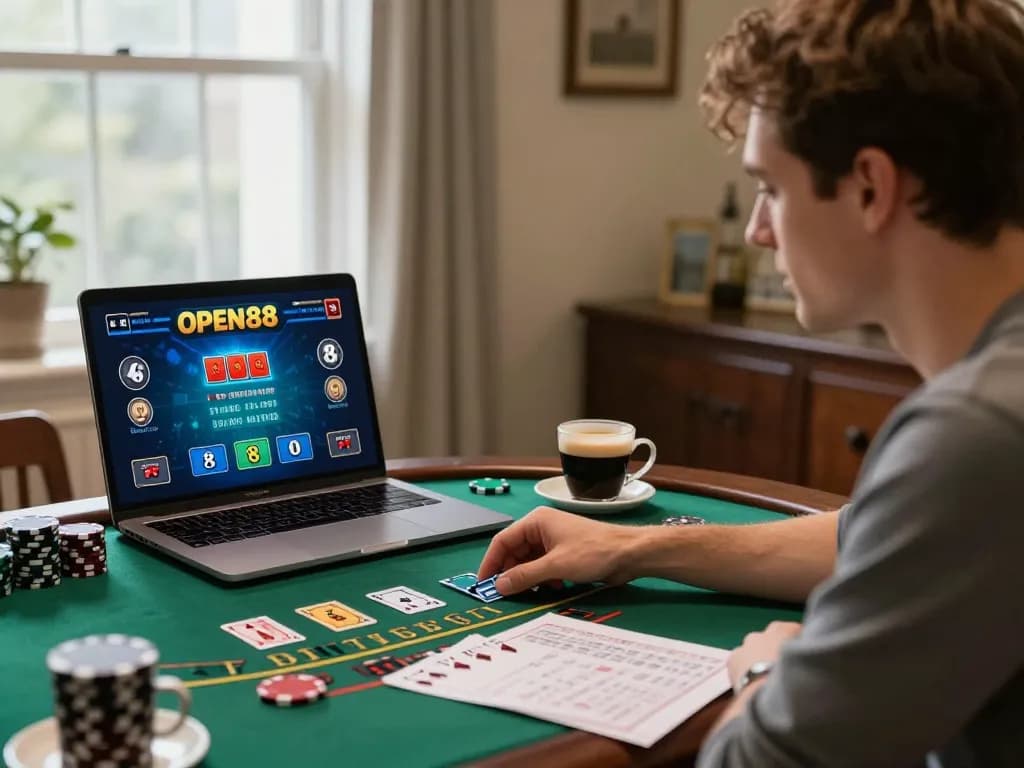 Engaged player enjoying blackjack on open88 platform from home, emphasizing strategy and responsible gambling.