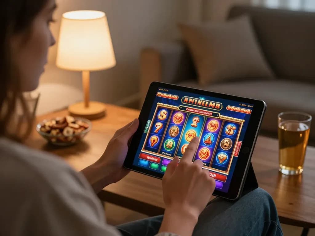 Berganding dengan kasino dalam talian malaysia di tablet dalam persekitaran rumah yang selesa yang menunjukkan permainan bertanggungjawab