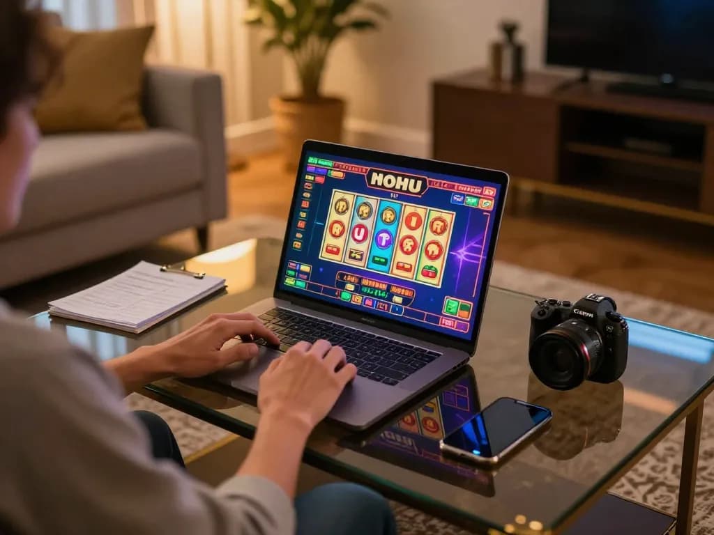 Player engaging with nohu game on laptop in stylish home setting, showcasing gaming strategy.