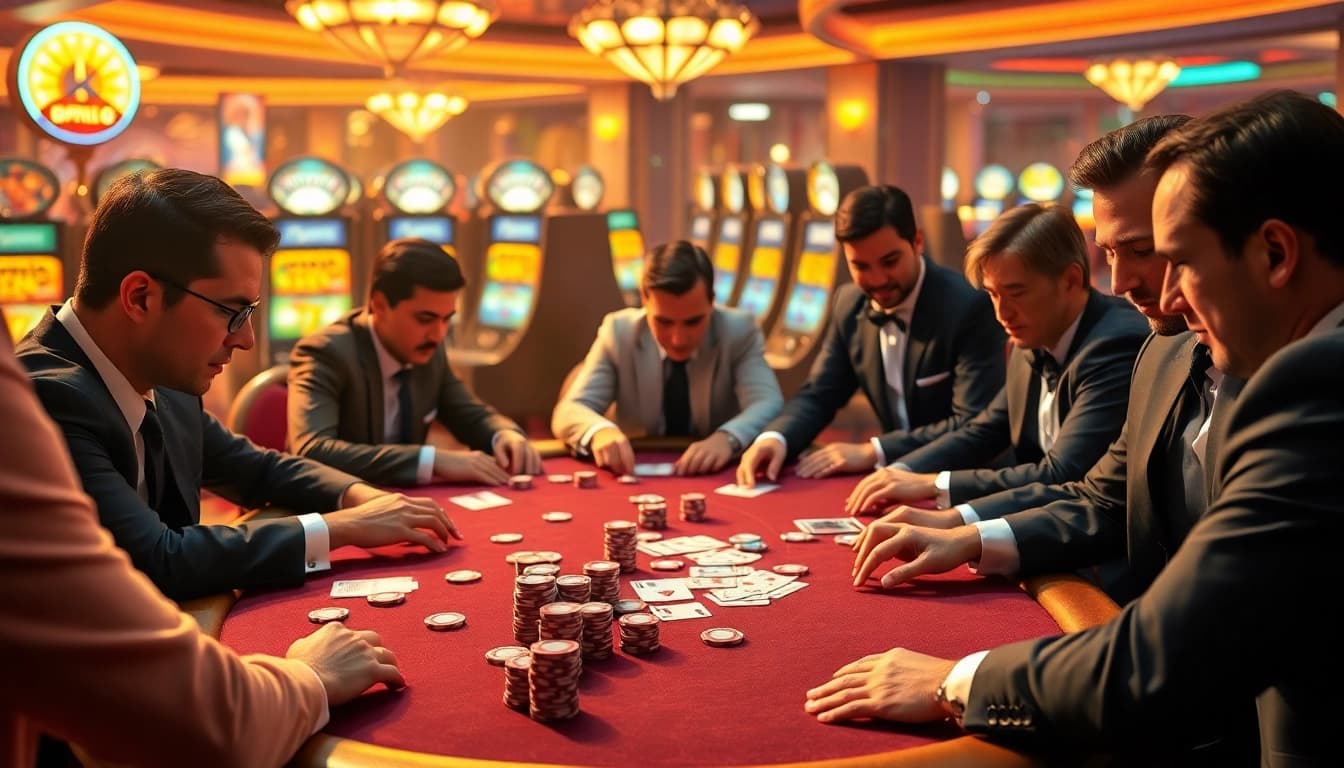 Players engaging with high-stakes poker at ok8386 in a luxurious casino ambiance.
