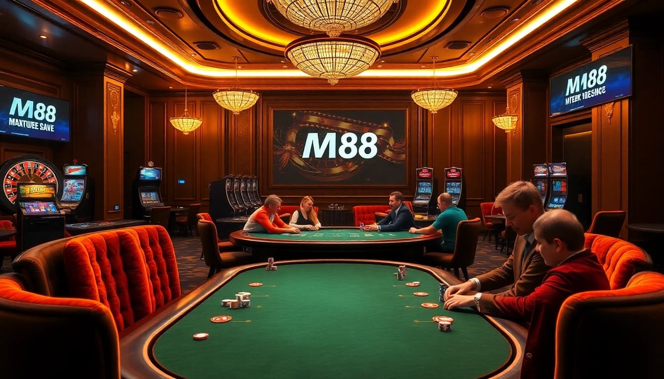 Players enjoying a thrilling poker game at a luxurious MM88 casino.