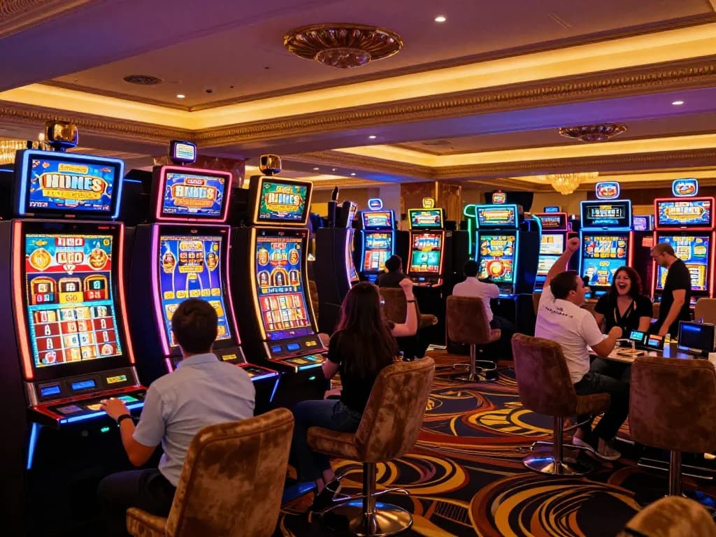 Players winning at vibrant slot machines in the upscale AF88 casino, showcasing excitement and luxury.