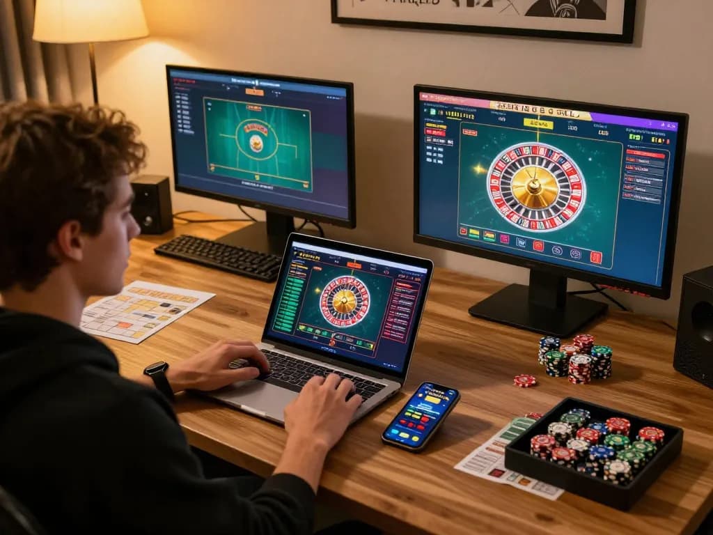 Okwintv player enjoying live casino action on multiple screens during a cozy home gaming setup.
