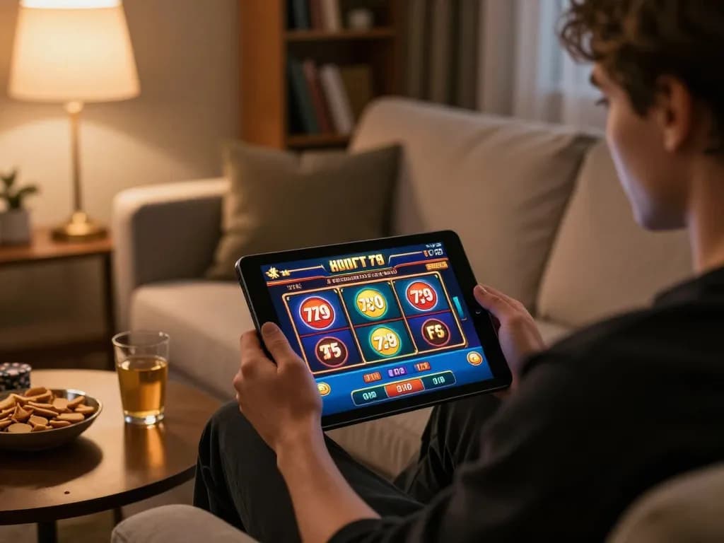 Engaging online gaming session at fun79vip with a tablet and cozy atmosphere