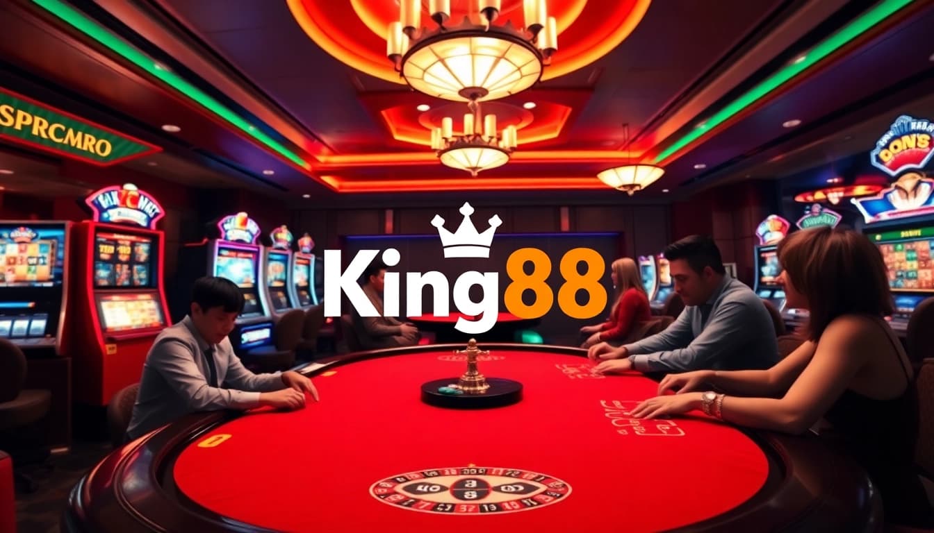 Players enjoying live casino games at King88 with vibrant slot machines and poker tables.
