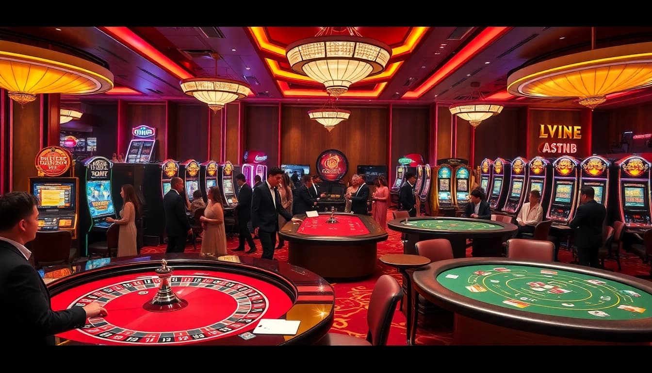 Exciting casino atmosphere featuring gambling action at https://vin88ac.com/ with roulette, poker, and slot machines.