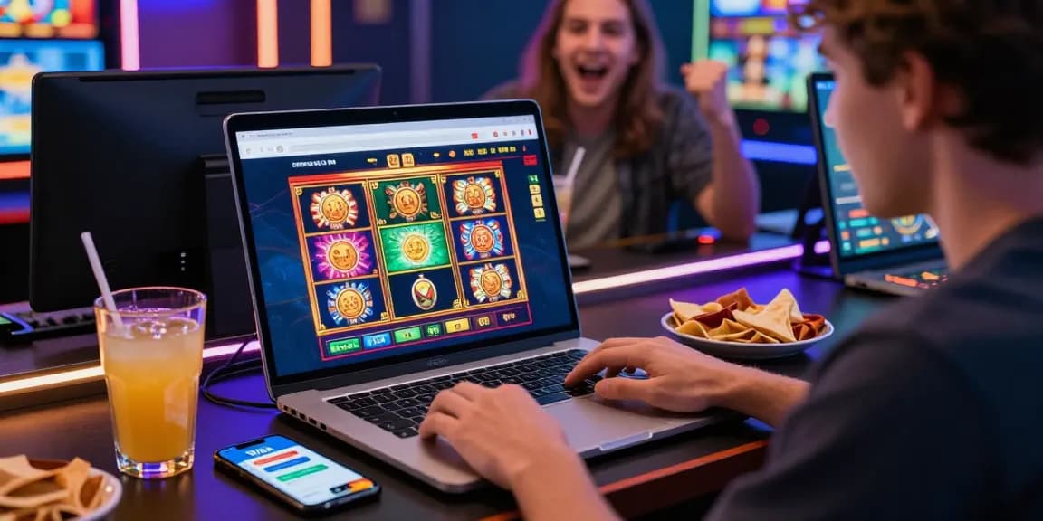 Engaged player enjoying credit card casinos at eatm.org.uk with colorful slot games displayed, showcasing modern gaming setup and vibrant atmosphere.