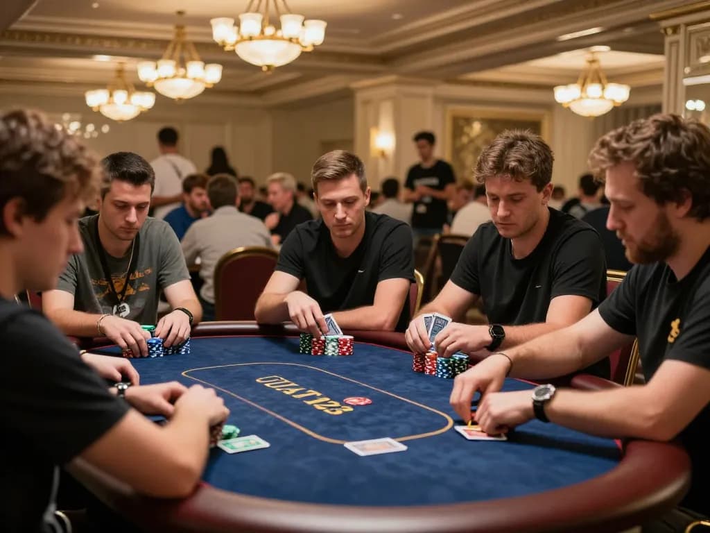 Pemain yang membuat strategi di meja poker ULAT123, menampilkan momen permainan yang intens.