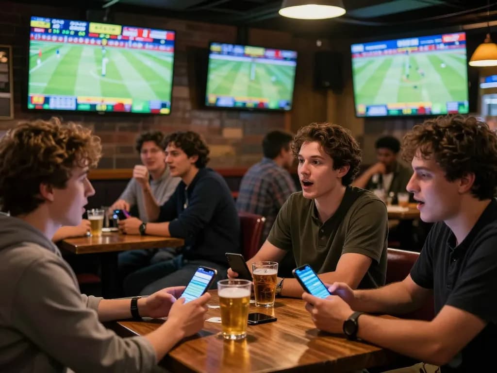 Active sports fans engage in kèo nhà cái betting at a vibrant bar, excitement visible as they watch the game.