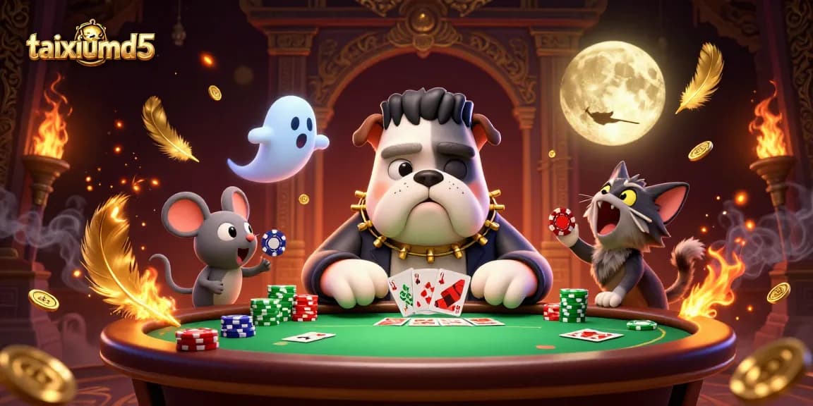 Engage in thrilling card games at taixiumd5 with a whimsical 3D illustration featuring unique casino characters.