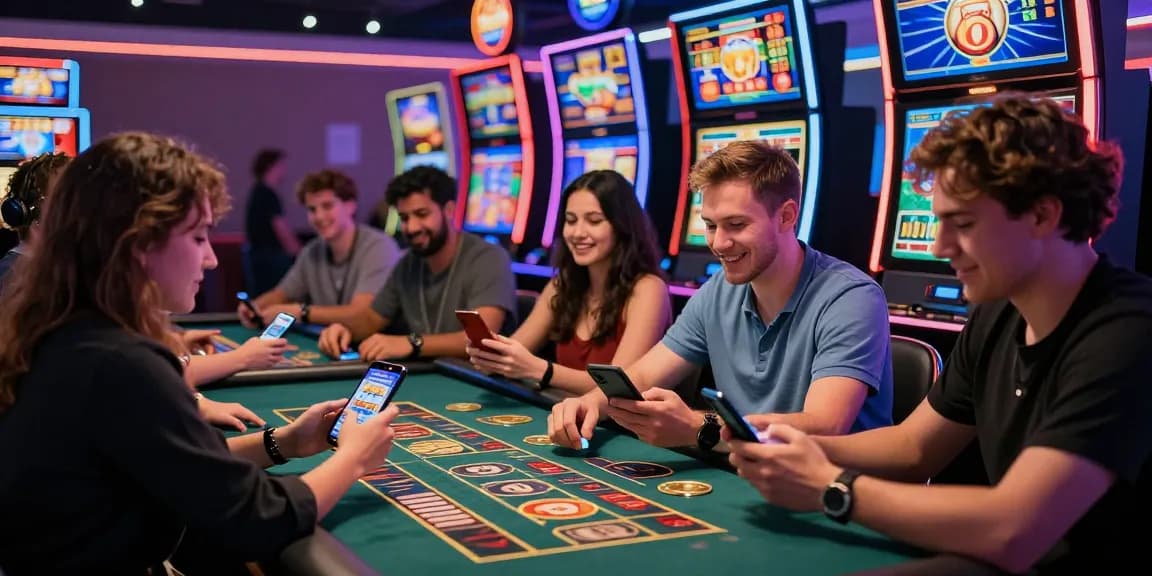 Pengalaman bermain slot di kasino langsung dengan pemain beragam fokus pada mesin slot dalam suasana ceria.
