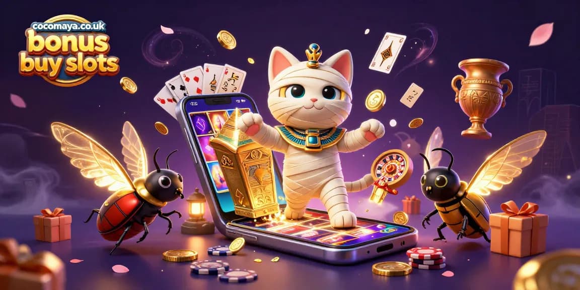 Experience cocomaya.co.uk bonus buy slots with a vibrant Egyptian-themed casino illustration.