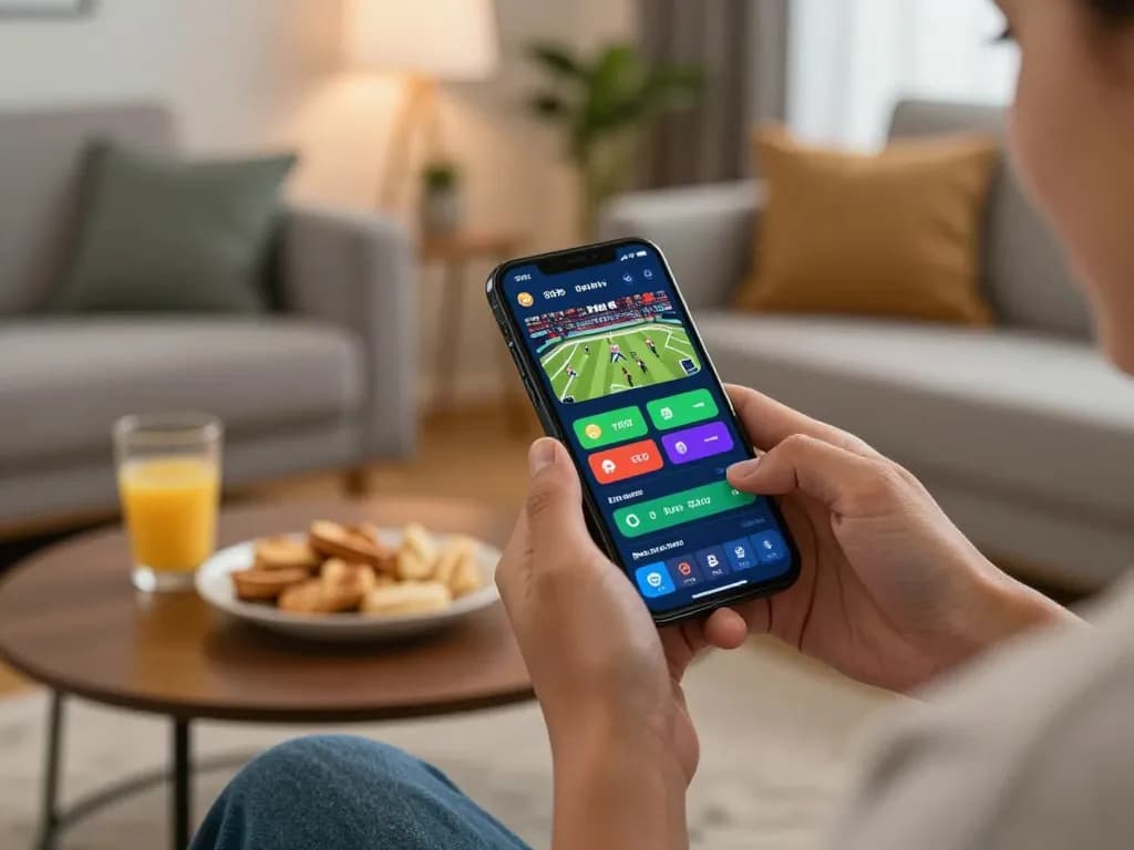 Witness thrilling betting action on 77WIN as a player engages with their mobile app from a cozy home.