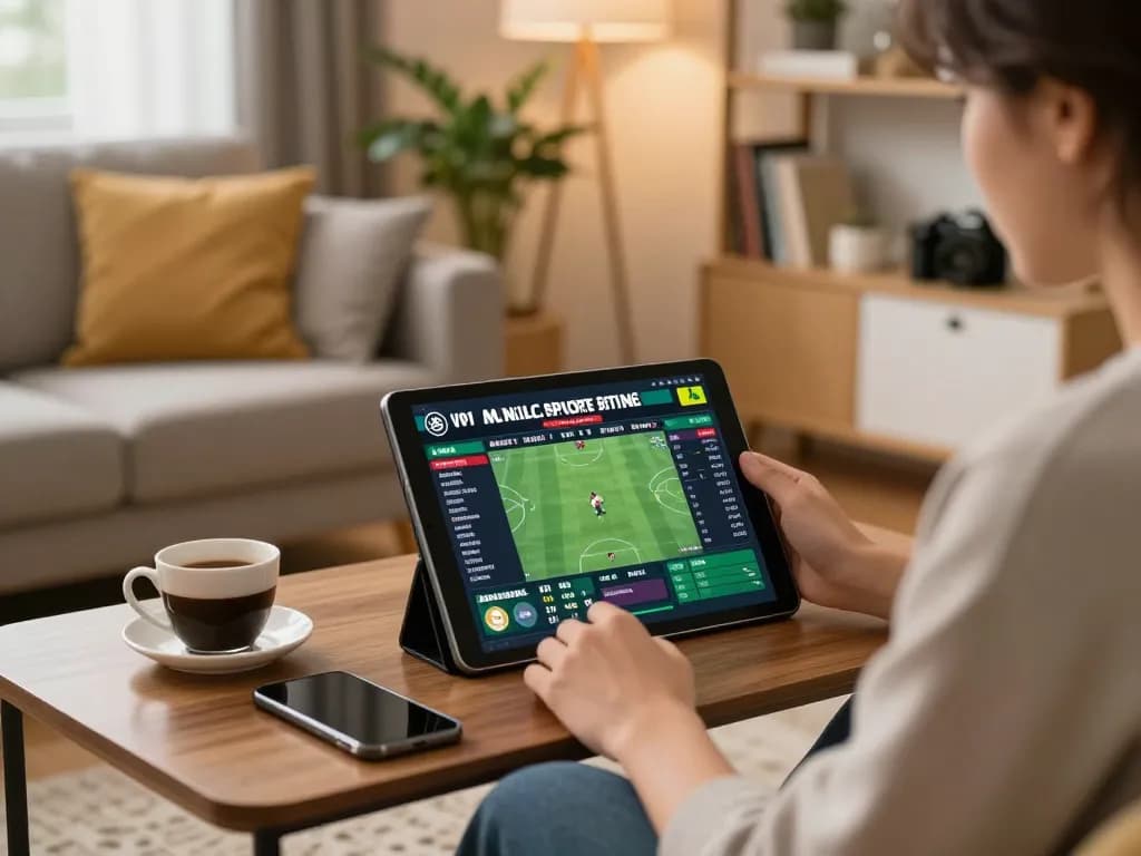 Engaged bettor using OKFUN sportsbook app on tablet in a cozy living room setup.