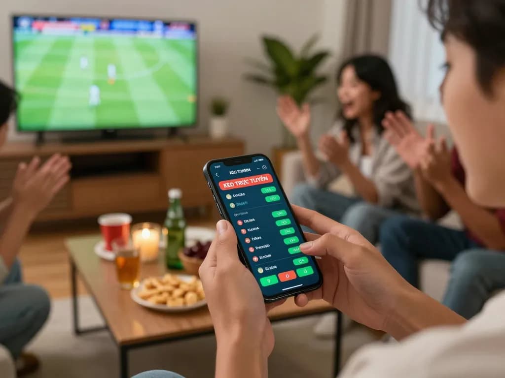 KÈO TRỰC TUYẾN betting odds displayed on smartphone during a lively home sports viewing party.