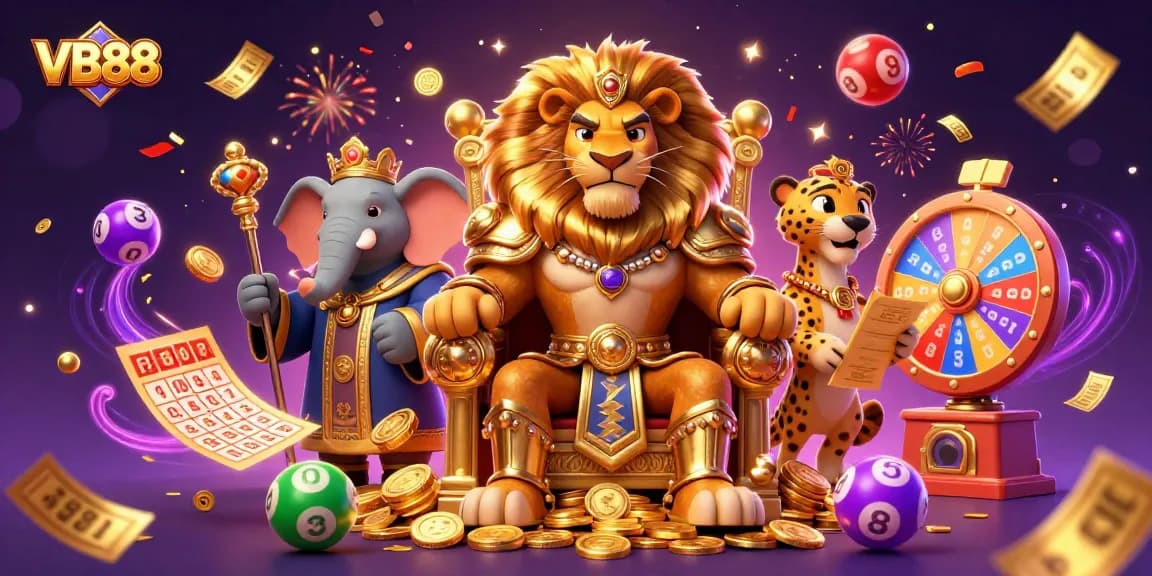 Experience the excitement of VB88 with a dynamic gambling scene featuring casino elements and engaging characters.