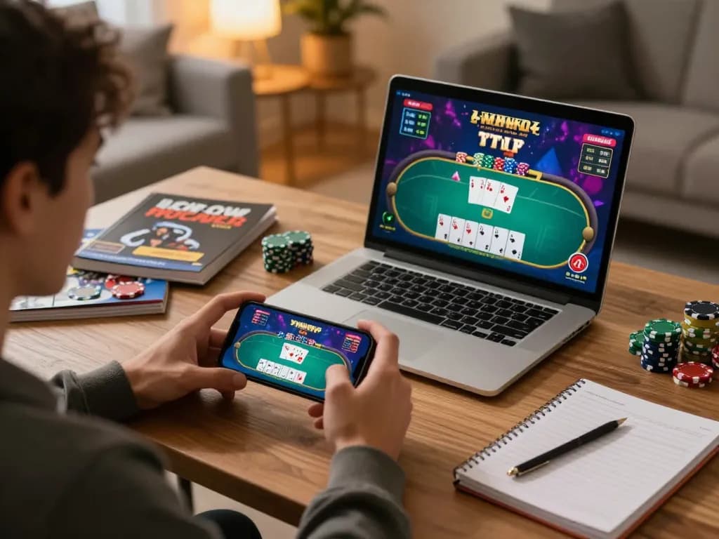 Engaging in online gambling at home with gtatogel on smartphone and laptop, showcasing vibrant gameplay.