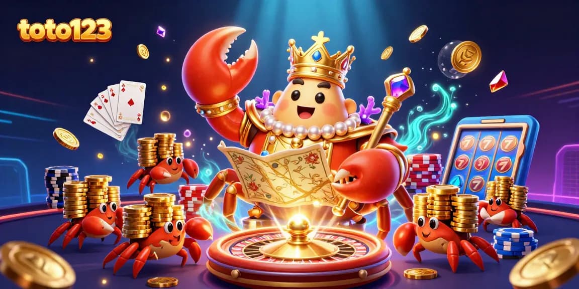 Toto123 offers exciting casino gaming with a dynamic scene of a golden crab emperor and playful hermit crabs amidst flying coins and cards.