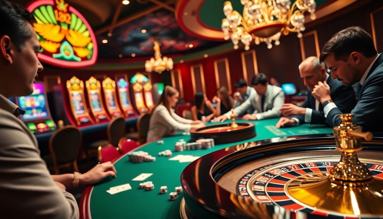 Gamble at 88vv with vibrant slot machines and intense poker action in a luxurious casino setting