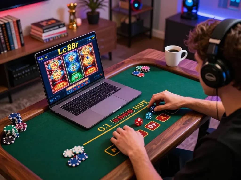 Engaging in Lc 88 online casino gaming with vibrant slots and live dealer tables in a cozy home setting.