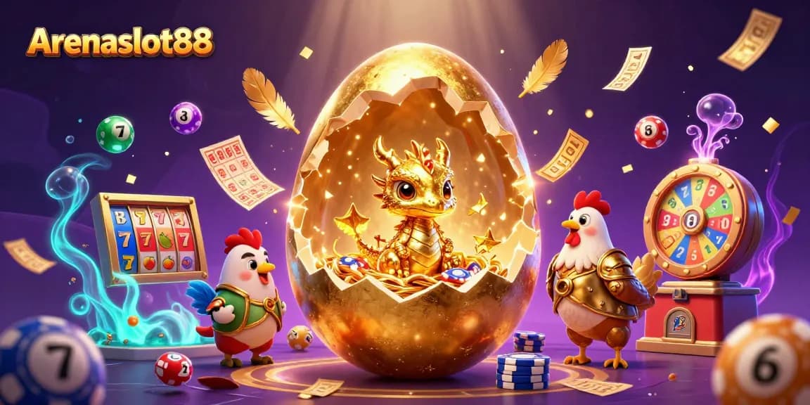 Arenaslot88 mempersembahkan ilustrasi 3D artisanal yang menampilkan telur emas raksasa dan naga keemasan, dengan komponen slot yang dinamis.