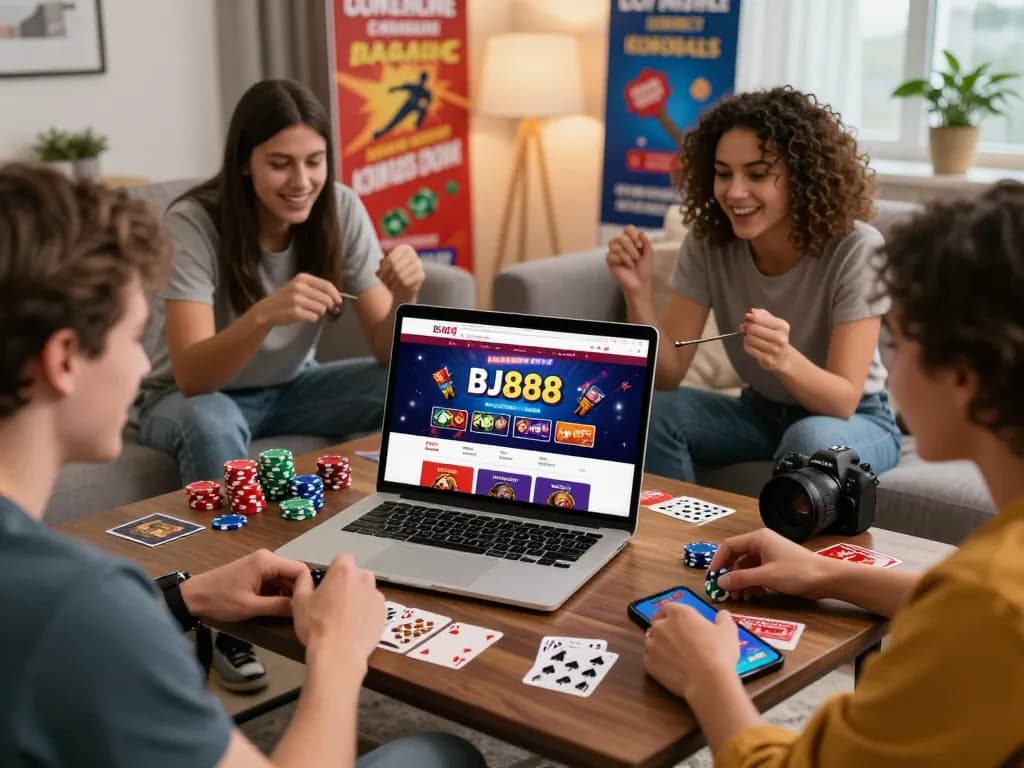 Diverse group enjoying the exciting BJ888 online gaming experience in a vibrant and friendly atmosphere.