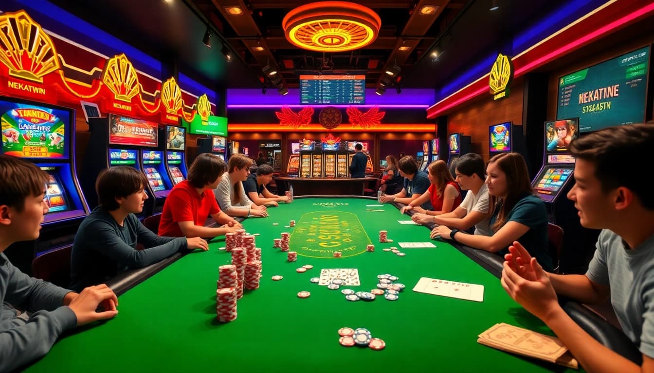 Engaging NEKATWIN online gambling scene with excited players at a vibrant gaming table.