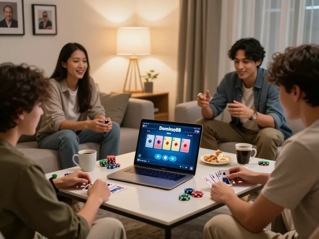Play a thrilling game of poker online with Domino88 in a cozy living room setting, friends around table.
