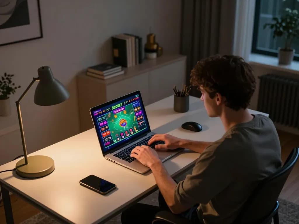 Pengalaman permainan online SBOBET di ruang kerja rumah yang nyaman dengan elemen permainan strategis.