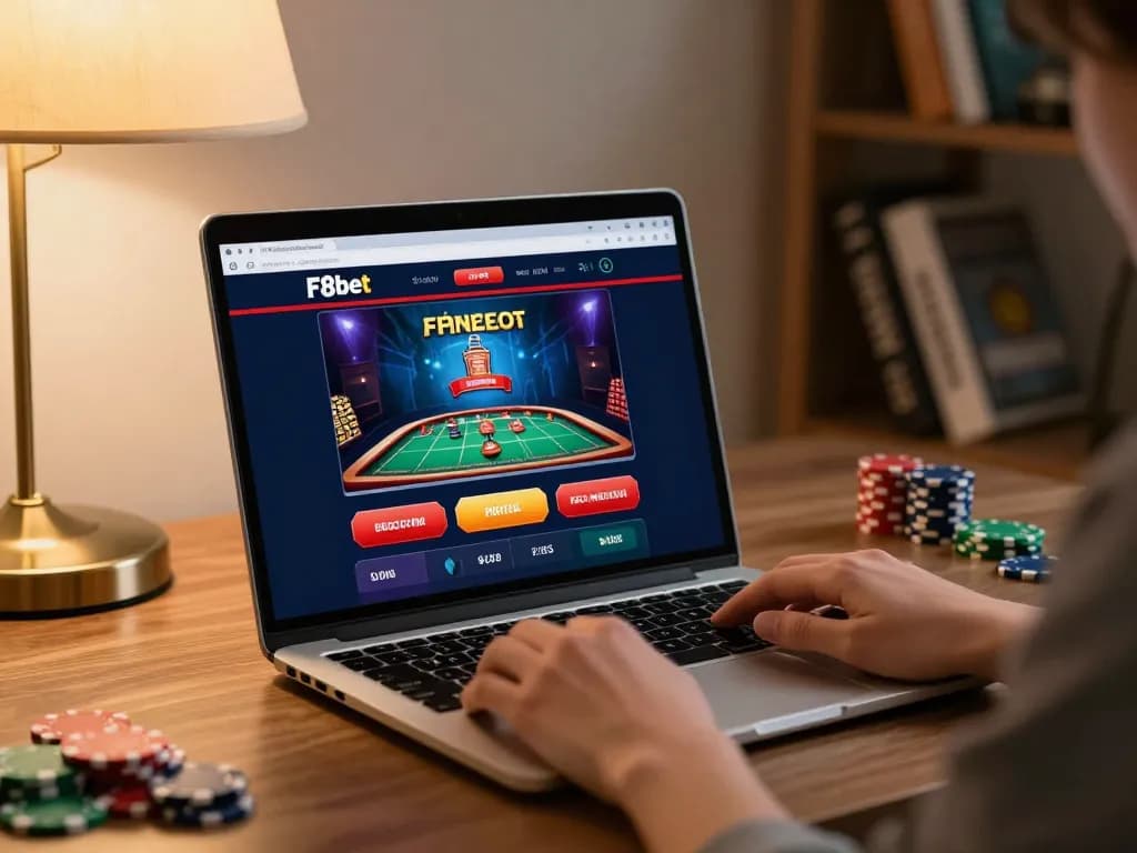 Engaged player exploring F8bet casino online gaming platform from a stylish home office setting.