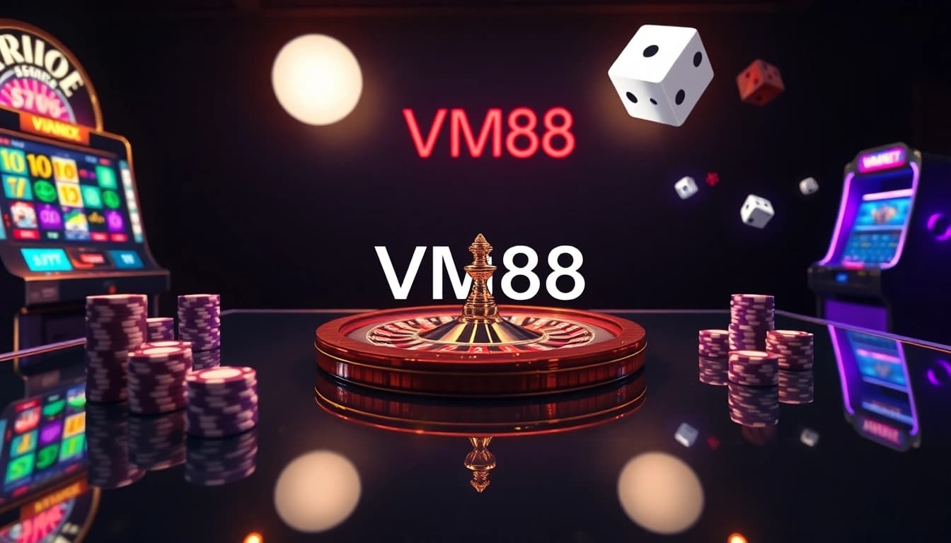 Engaging VM88 online casino interface featuring dynamic roulette and digital poker chips