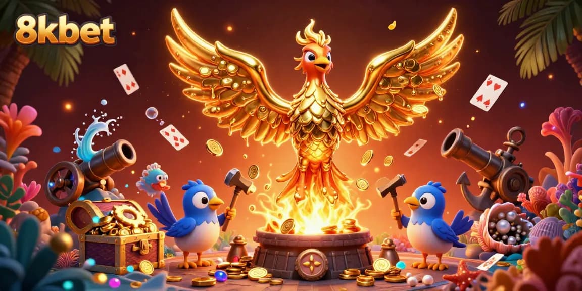 Experience thrilling moments at 8xbet with a golden phoenix rewarding vibrant gold coins in a captivating underwater scene.