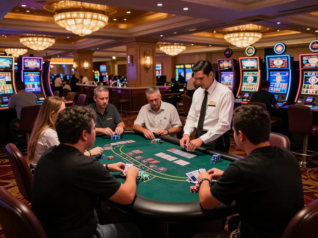 Engaging group of players at a blackjack table in a luxurious casino, showcasing the excitement of 주소모음 and dynamic card gameplay.