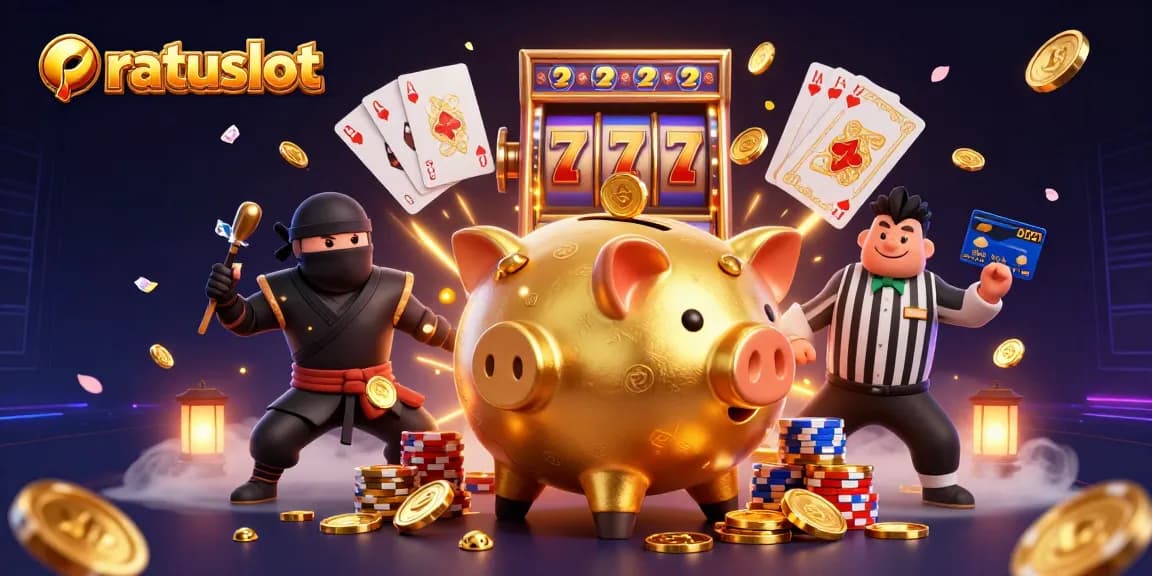 Gamble with ratuslot's thrilling visual, showcasing a piggy bank sumo wrestler, coins, and slot machine reels