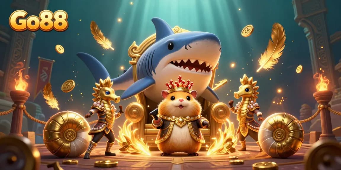 Engage with Go88's dynamic gaming universe featuring a fierce golden hamster king in a lavish underwater scene.