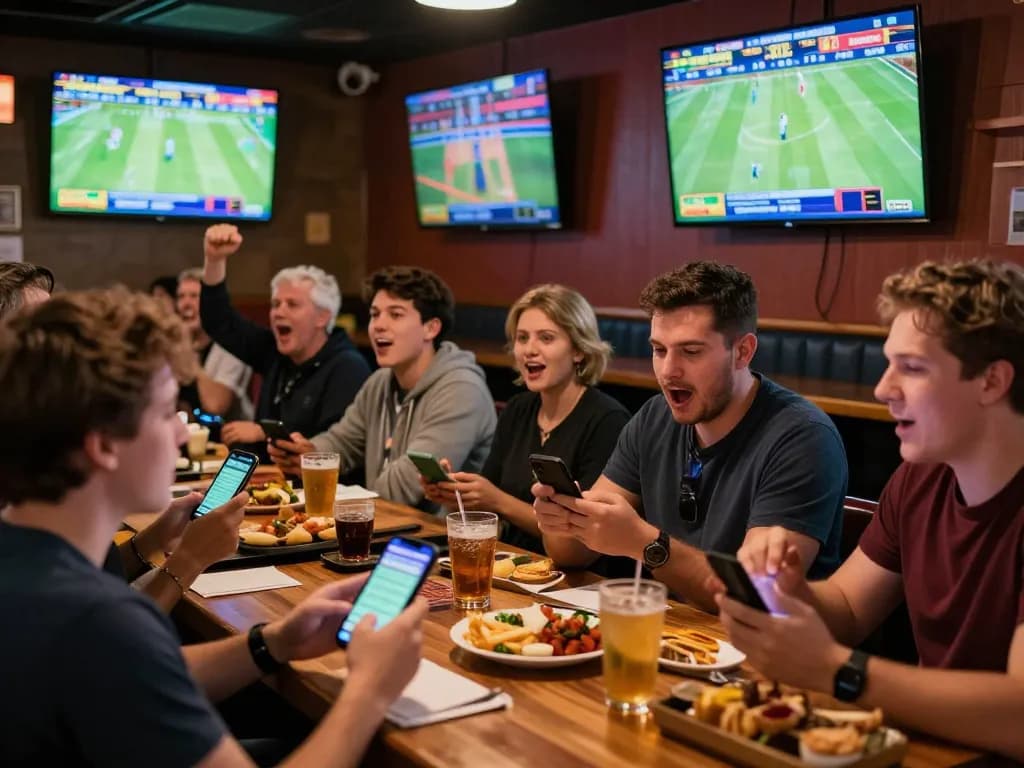 Bet on live sports at 88vv with excited fans using apps in a lively sports bar.