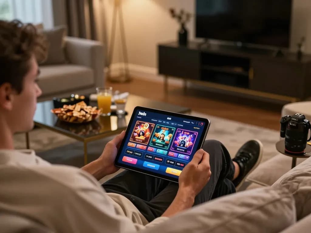 Player enjoying gaming on the 3win app in a cozy living room atmosphere.